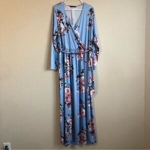 Koh Koh Dress Blue Floral Long Sleeve Wrap Maxi Tie Front Plus Size Trendy